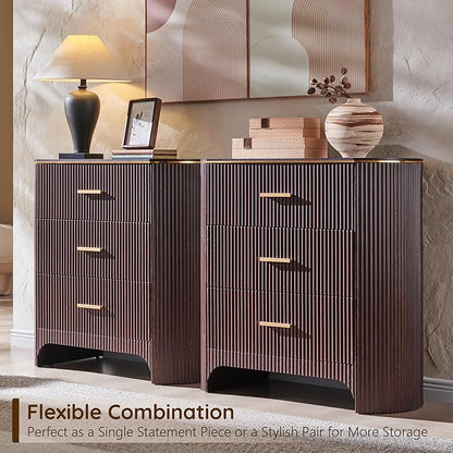 Fluted 3 Drawers Nightstand with Charging Station,31.7" W Bedside Table with Curved Profile Design,End Table Storage with USB Ports for Bedroom,Living Room,Gold Metal Handle, Brown Oak