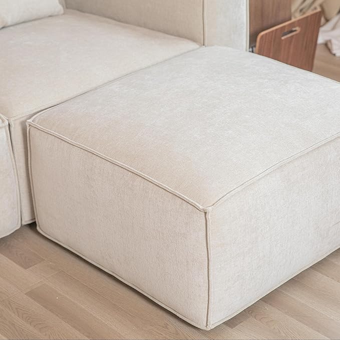 Acanva Luxury Modular Sectional Living Room Sofa Set, Modern Minimalist Style Couch with Ottoman and Chaise, U-Shape, Linen-Like Cream
