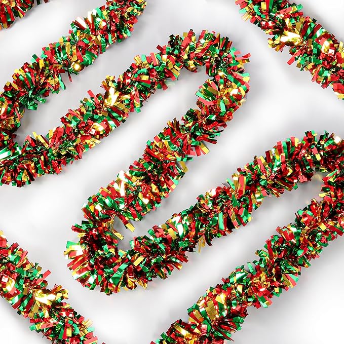 50 Feet Red Green Gold Metallic Twist Shiny Christmas Tinsel Garland for Tree, Mantle, Indoor/Outdoor Decor
