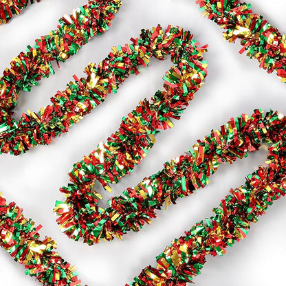 50 Feet Red Green Gold Metallic Twist Shiny Christmas Tinsel Garland for Tree, Mantle, Indoor/Outdoor Decor