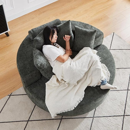 KEIKI 55" Oversized Swivel Accent Chair, Large Barrel Chairs Upholstered Round Swivel Chair, Chenille Single Sofa Armchair, Sleeper Chair for Living Room, Lounge, Green