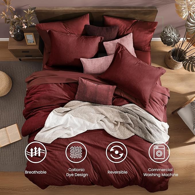Monbix King Size Comforter Set Red, Cationic Dyeing Reversible Bedding Set 7 Pieces, All Season Bed in a Bag with Sheets, Pillowcases & Shams