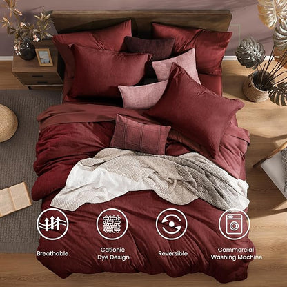 Monbix Queen Comforter Set Red, Cationic Dyeing Reversible Bedding Set 7 Pieces, All Season Bed in a Bag with Sheets, Pillowcases & Shams