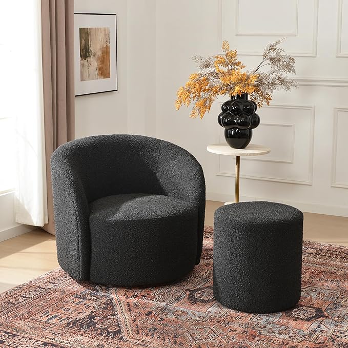 KINWELL 34" W Mid Century Modern Swivel Barrel Chair, Round Upholstered Boucle Swivel Accent Chairs, No Assembly Chair for Living Room Bedroom Reading Apartment Lounge Nursery(Black)