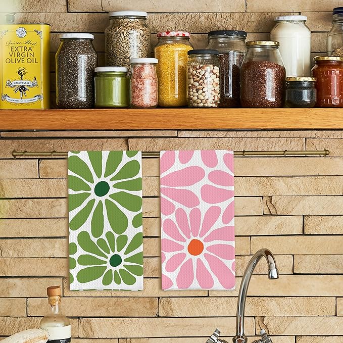Boho Floral Hand Towels Chamomile Waffle Weave Pink Green Daisy