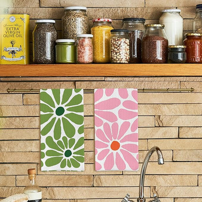 Boho Floral Hand Towels Chamomile Waffle Weave Pink Green Daisy