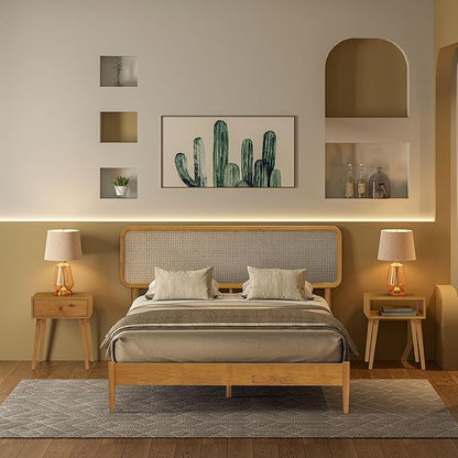 NTC Lupin Wooden Bed Frame with Headboard and Natural Rattan, Solid Oak/Rubber Wood Foundation with Silent Slats, 1000 Lb Capacity, Effortless Assembly (Natural Cane - Rustic Oak, Queen)