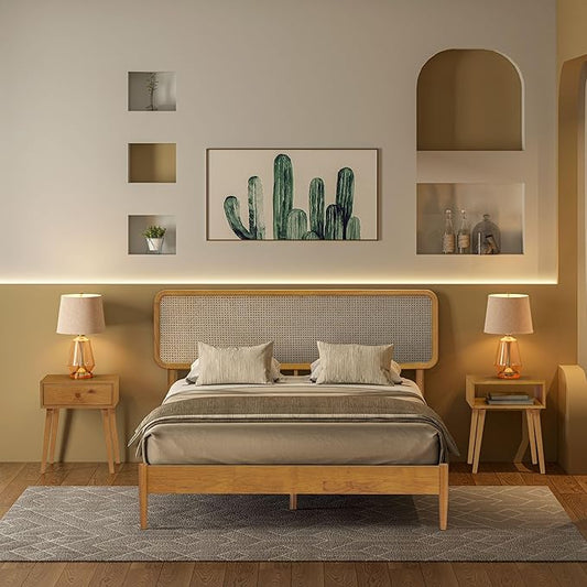 NTC Lupin Wooden Bed Frame with Headboard and Natural Rattan, Solid Oak/Rubber Wood Foundation with Silent Slats, 1000 Lb Capacity, Effortless Assembly (Natural Cane - Rustic Oak, Queen)