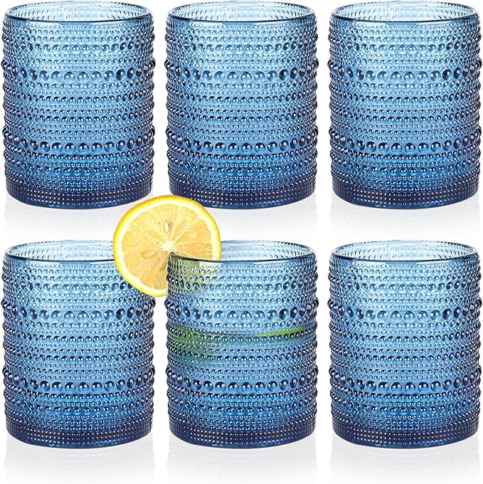 Hobnail Drinking Glasses Set of 6,12oz Blue Vintage Glassware,Cocktail Glasses,Embossed Glass Cups,Water Tumbler for Whiskey, Juice and Various Mixed Drinks