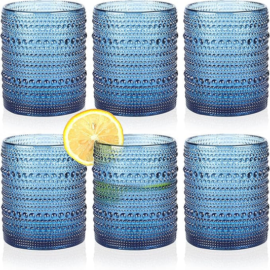 Hobnail Drinking Glasses Set of 6,12oz Blue Vintage Glassware,Cocktail Glasses,Embossed Glass Cups,Water Tumbler for Whiskey, Juice and Various Mixed Drinks