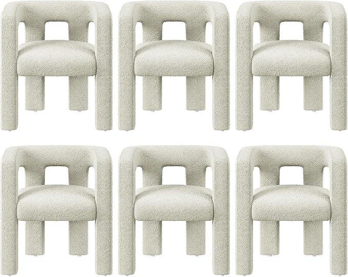 BELLEZE Modern Boucle Barrel Dining Chair Set of 6, Upholstered Linen Kitchen Boucle Armchair with Sidearms and Back, for Dining Room Living Room- Cream