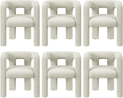 BELLEZE Modern Boucle Barrel Dining Chair Set of 6, Upholstered Linen Kitchen Boucle Armchair with Sidearms and Back, for Dining Room Living Room- Cream