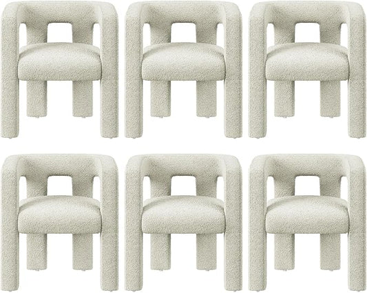 BELLEZE Modern Boucle Barrel Dining Chair Set of 6, Upholstered Linen Kitchen Boucle Armchair with Sidearms and Back, for Dining Room Living Room- Cream