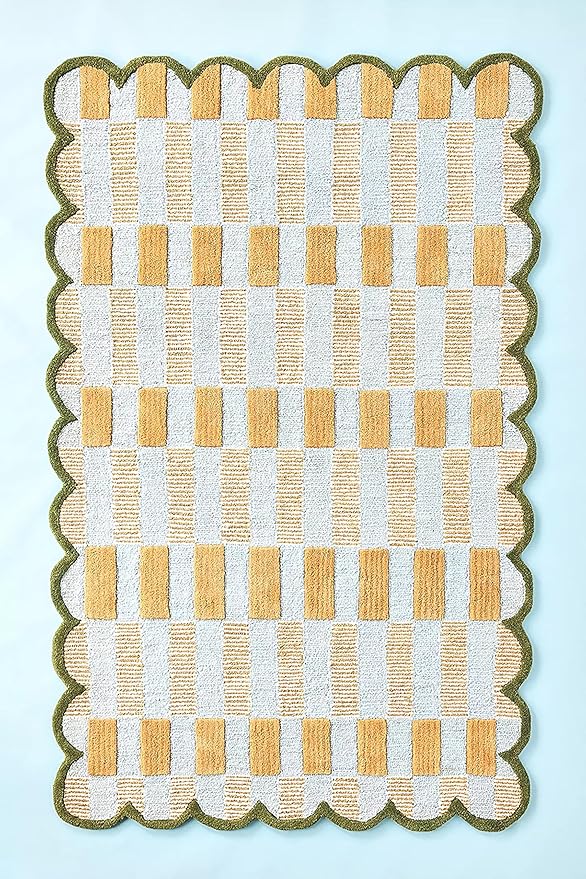 Hand-Tufted Wool Rug with Scalloped Edges, Light Blue Plaid Pattern, Cozy Soft Area Rug for Living Room, Bedroom, and Nursery, Handmade Modern Accent Rug, 8x12 Ft