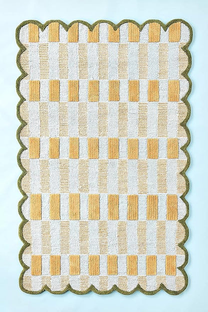 Hand-Tufted Wool Rug with Scalloped Edges, Light Blue Plaid Pattern, Cozy Soft Area Rug for Living Room, Bedroom, and Nursery, Handmade Modern Accent Rug, 2.5x10 Ft (Runner)