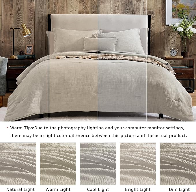 Geniospin Full Comforter Set - 7 Pieces Comforter Full Size, Solid Bedding Sets for All Season, Textured Bed in a Bag with Flat Sheet and Fitted Sheet, Pillowcases and Shams (Ivory, 80''x90'')