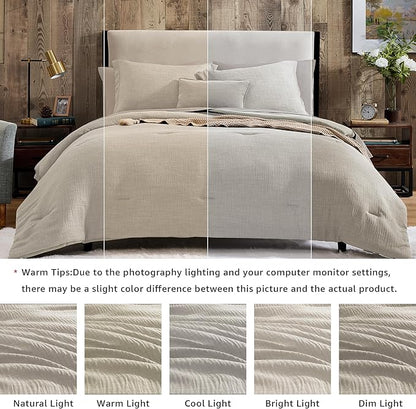 Geniospin King Size Comforter Set- 7 Piece Ivory Textured King Bedding Set, Soft Solid Bed in a Bag for All Season, King Comforter Set with Sheets(Ivory,102''x90'')