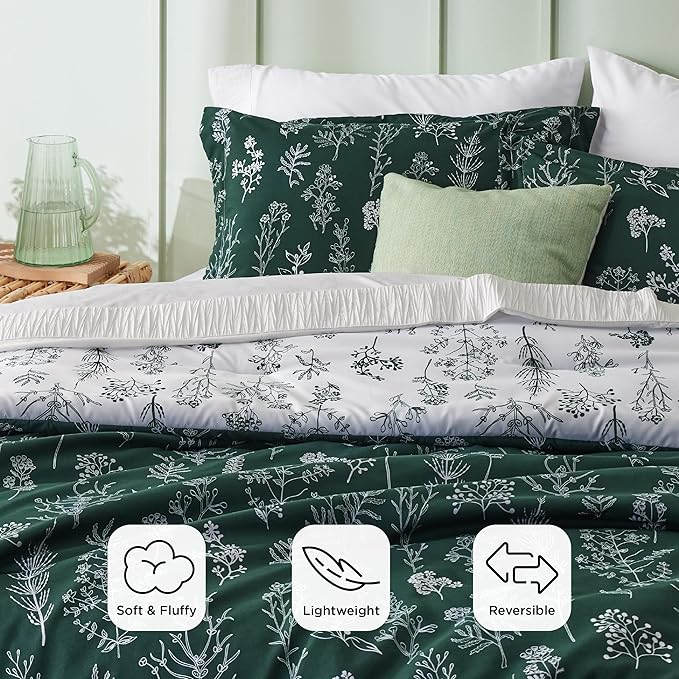 Bedsure California King Comforter Set - Emerald Bed Set, 3 Pieces Cute Floral Bedding, 1 Soft Reversible Botanical Flowers Comforter and 2 Pillow Shams