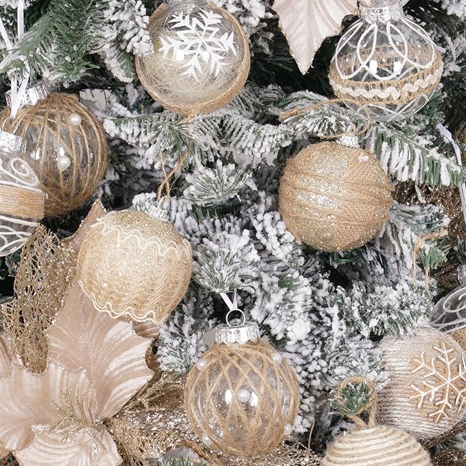 XmasExp Farmhouse Christmas Ball Ornaments Set-70mm/2.76" Shatterproof Rustic Xmas Tree Hanging Decoration (12 Counts,Beige & Champagne)