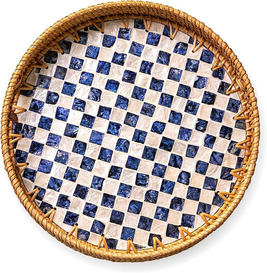 JUNGLE CULTURE Rattan Serving Tray 12" with Mother of Pearl Inlay • Coastal Boho Collection • Handcrafted Woven with Handles for Home • Round Dining Tray • Wicker Serving Basket – Drift