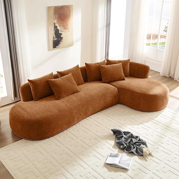 WILLIAMSPACE 134.63" Oversize Curved Sofa Cloud Couch with Round Chaise, Modern Upholstered Curved Sectional Sofa Couch with 6 Pillows for Living Room, No Assembly (Right-Facing,Orange)
