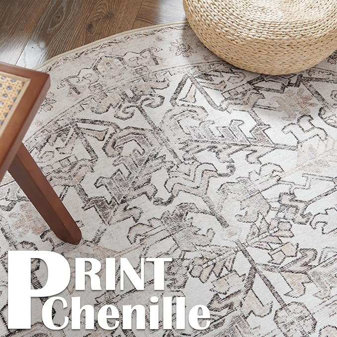 jinchan Vintage Floral Washable Round Rug 5ft Non-Slip Carpet, Taupe