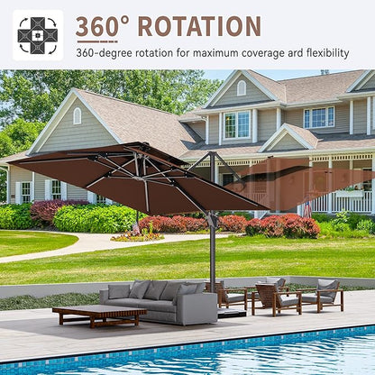 10' X 10' Cantilever Patio Umbrella Outdoor Heavy Duty Double Top Windproof Square Offset Umbrellas with 360-degree Rotation for Pool Deck Backyard, Brown