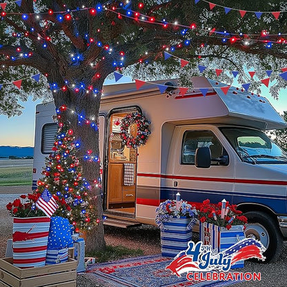 JMEXSUSS 4th of July Decorations Red White and Blue Lights, 33ft 100 LED String Light Indoor Plug-in, 8 Modes Patriotic 4th of July Lights for Indoor Outdoor Independence Day American Flag Holiday
