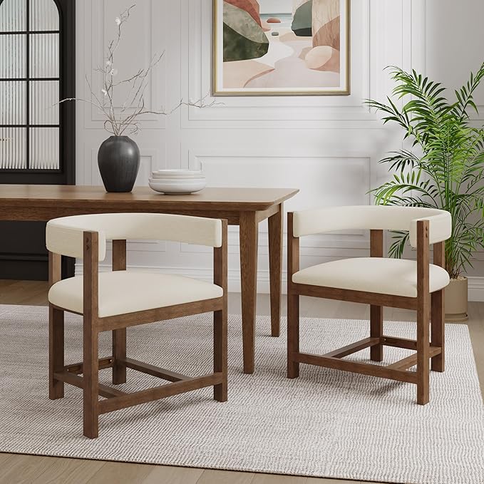 Christopher Knight Home Set of 2 Arley Modern Fabric Upholstered Dining Sturdy Wooden Kitchen Side Chair with Ergonomic Backrest and Footrest, Soft Padded Barrel, Beige+Walnut