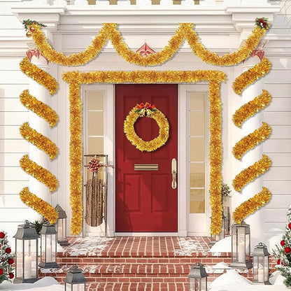 50 FT Gold Christmas Tinsel Garland Christmas Decorations for Xmas Tree Decor, Shiny Metallic Twist Hanging Tinsel Garlands for Stairs Mantle Fireplace Home Indoor Outdoor Holiday Party Supplies