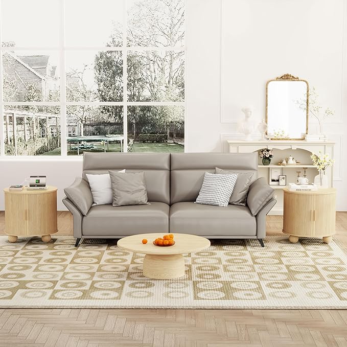 24" End Table with Charging Station, Farmhouse Round Fluted Wood Night Stand, Mid-Century Large Side Table with Storage & Sliding Door for Living Room, Bedroom (Round, Natural)