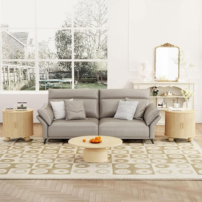 24" End Table with Charging Station, Farmhouse Round Fluted Wood Night Stand, Mid-Century Large Side Table with Storage & Sliding Door for Living Room, Bedroom (Round, Natural)