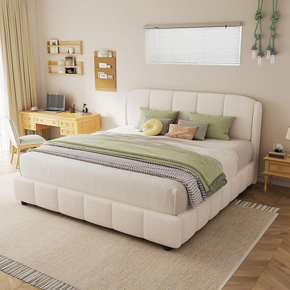 Queen Size Bed Frame, Upholstered Cloud Boucle Platform Beds Frames with Headboard, Anti-Collision Soft Rounded Corners Footboard, No Box Spring Required, Easy Assembly (44.5" Beige, Queen)