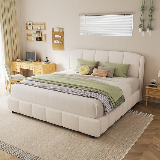 Queen Size Bed Frame, Upholstered Cloud Boucle Platform Beds Frames with Headboard, Anti-Collision Soft Rounded Corners Footboard, No Box Spring Required, Easy Assembly (44.5" Beige, Queen)
