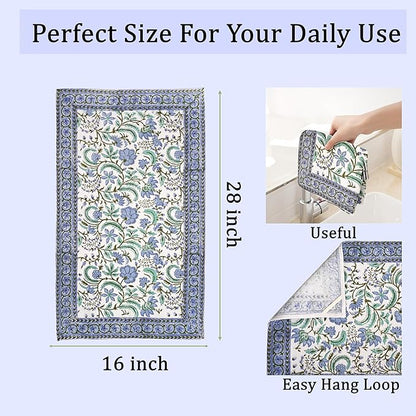 Ridhi Columbia Blue Hand Block Print Waffle Kitchen Towel Set of 3-16 x28 Ultra Absorbent Quick Dry 100% Cotton Dish Towels Lightweight Reusable Sustainable Tea Towels for Cleaning and Drying