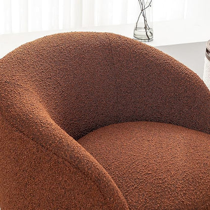 KINWELL 34" W Swivel Barrel Chair Set of 2, Mid Century Modern Round Upholstered Boucle Swivel Accent Chairs, No Assembly Chair for Living Room Bedroom Reading, Brown