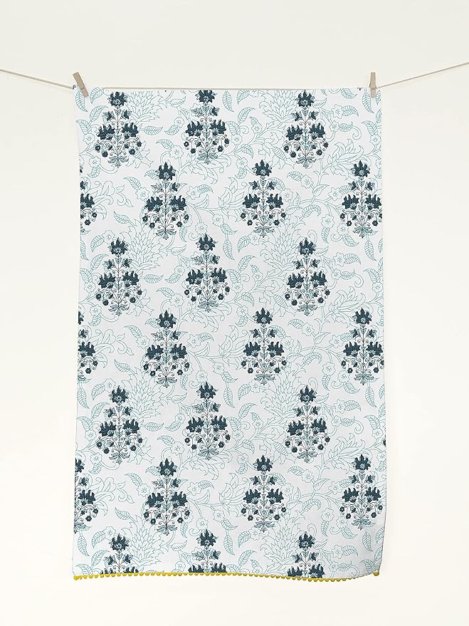 TARAN LIVING Printed Kitchen Dish Bar Tea Towels Cotton with Trims Hand Towel Gift for Mothers Day Cotton Dish Towel Sets Gift for Mom - White & Blue, Set of 4-18x28 inches