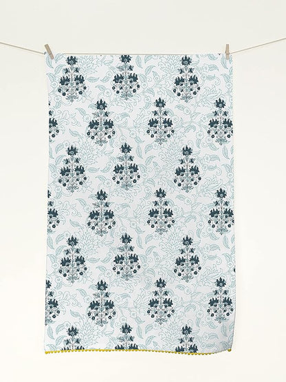 TARAN LIVING Printed Kitchen Dish Bar Tea Towels Cotton with Trims Hand Towel Gift for Mothers Day Cotton Dish Towel Sets Gift for Mom - White & Blue, Set of 4-18x28 inches