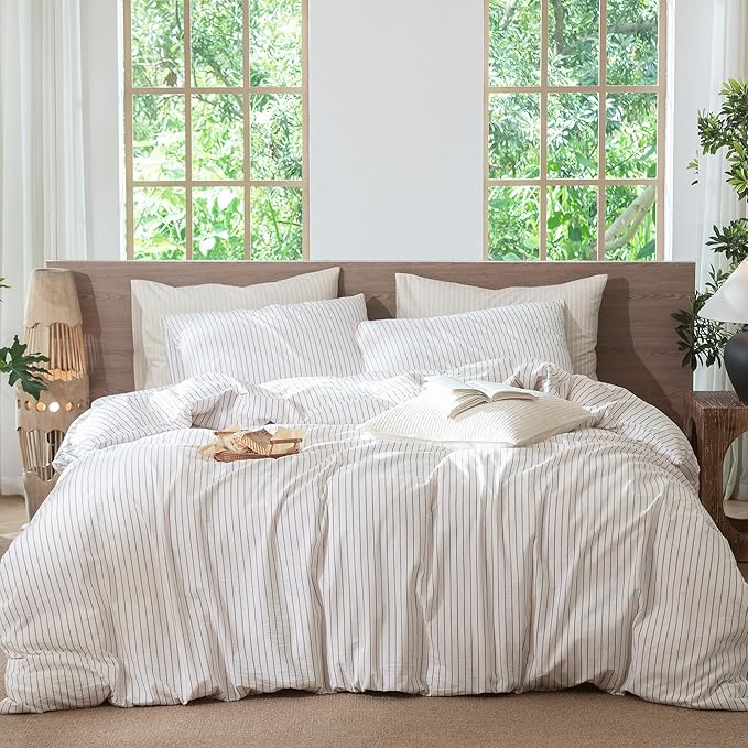 MooMee Striped Duvet Cover Set 100% Washed Cotton Linen Like Textured Breathable Durable Soft Comfy (White Orange Wide Stripes, Palatial King/Oversized King 120"x98")