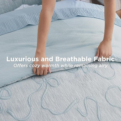 Bedsure Queen Comforter Set, Dusty Blue Boho Tufted Bed Set, 3D Puffy Jacquard Bedding Queen Size, 3 Pieces, 1 Farmhouse Shabby Chic Embroidery Comforter with Bow Pattern & 2 Pillow Cases