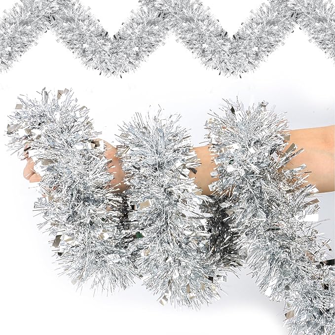 50 FT Silver Christmas Tinsel Garland Christmas Decorations for Xmas Tree Decor Metallic Twist Shiny Hanging Garlands for Tree Mantel Stairs Fireplace Home Indoor Outdoor Holiday Decor Party Supplies