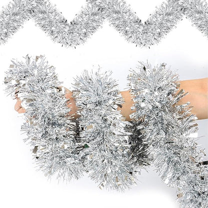 50 FT Silver Christmas Tinsel Garland Christmas Decorations for Xmas Tree Decor Metallic Twist Shiny Hanging Garlands for Tree Mantel Stairs Fireplace Home Indoor Outdoor Holiday Decor Party Supplies