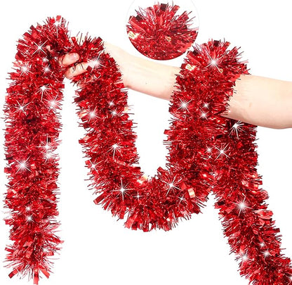 50 FT Red Christmas Tinsel Garland Christmas Decorations for Xmas Tree Decor, Shiny Metallic Twist Hanging Tinsel Garlands for Stairs Mantle Fireplace Home Indoor Outdoor Holiday Party Supplies