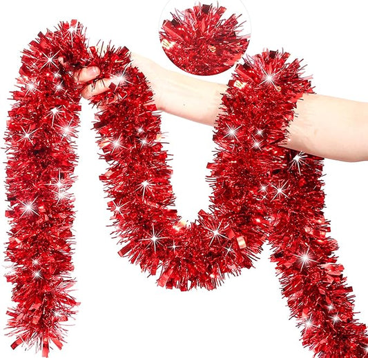 50 FT Red Christmas Tinsel Garland Christmas Decorations for Xmas Tree Decor, Shiny Metallic Twist Hanging Tinsel Garlands for Stairs Mantle Fireplace Home Indoor Outdoor Holiday Party Supplies