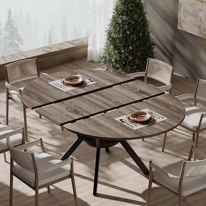 42"-58" Extendable Round Dining Table for 4-6, Kitchen Oval Table with Hidden Leaves & Storage Shelf, Space Saving Modern Design with Sturdy Metal Legs for Kitchen, Dining Room