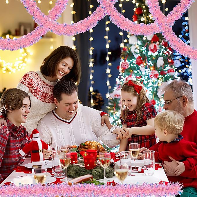 50 Feet Pink Christmas Tinsel Garland for Christmas Tree Decorations, Xmas Metallic Twist Shiny Hanging Garland Decor for Mantle Stairs Fireplace Home Holiday Indoor Outdoor