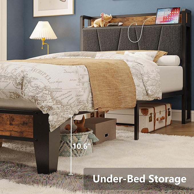 LIKIMIO Twin XL Bed Frames, Storage Headboard with Charging Station, Solid and Stable, Noise Free, No Box Spring Needed, Easy Assembly