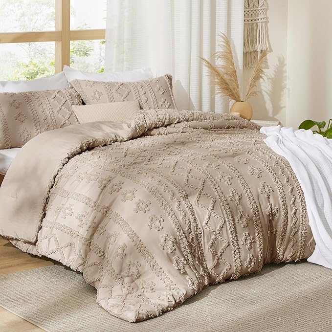 Bedsure Tufted Boho Comforter Set California King Size - Khaki Boho Bed Set, GentleSoft™ 3 Pieces Farmhouse Shabby Chic Embroidery Bedding, Gifts for Woman, Soft Jacquard Comforter for All Seasons