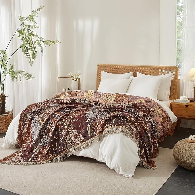 Boho Throw Blanket 100% Cotton Woven Ultra Soft 4-Layer Muslin Quilt Farmhouse Bed Blanket Cover 80"x90", Patchwork Floral