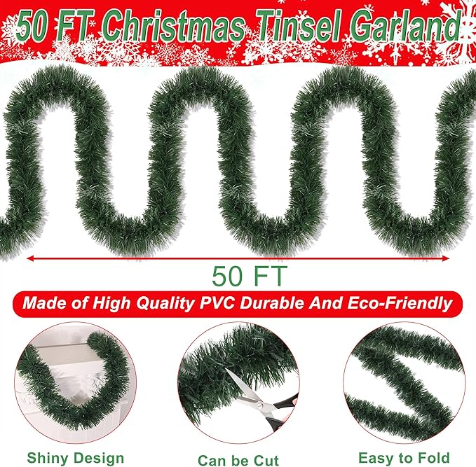 50 Ft Christmas Garland Decor Artificial Greenery Pine Garlands Xmas Decorations for Fireplace Stairs Mantle Home Holiday Party Soft Green Garland Christmas Decoration Indoor Outdoor